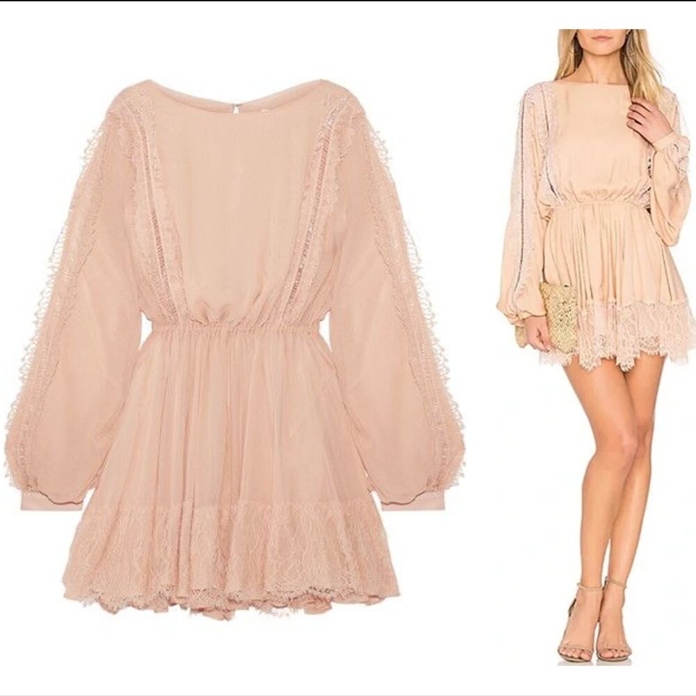 LoveShackFancy Noelle Silk Peach Georgette Lace Mini Dress $425 NEW NWT XS